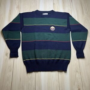 Harrods 100% Wool Sweatshirt QE2 Embroidered Logo Striped Blue Adult Size Small